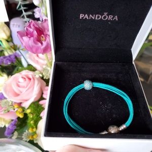 Authentic Pandora Teal Pave Lights Charm and Teal Multi-Strand Bracelet